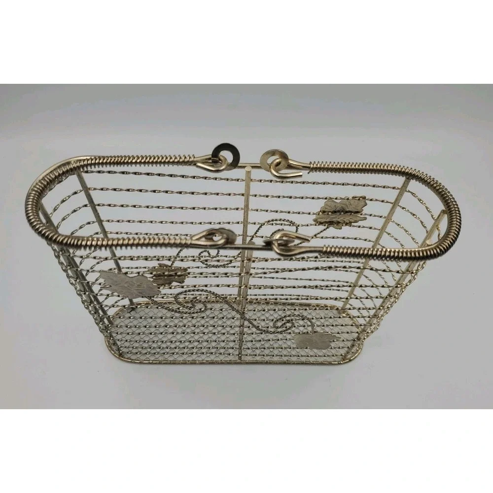 Metal Basket Wire Basket Decorative With Leaves Gold Tone